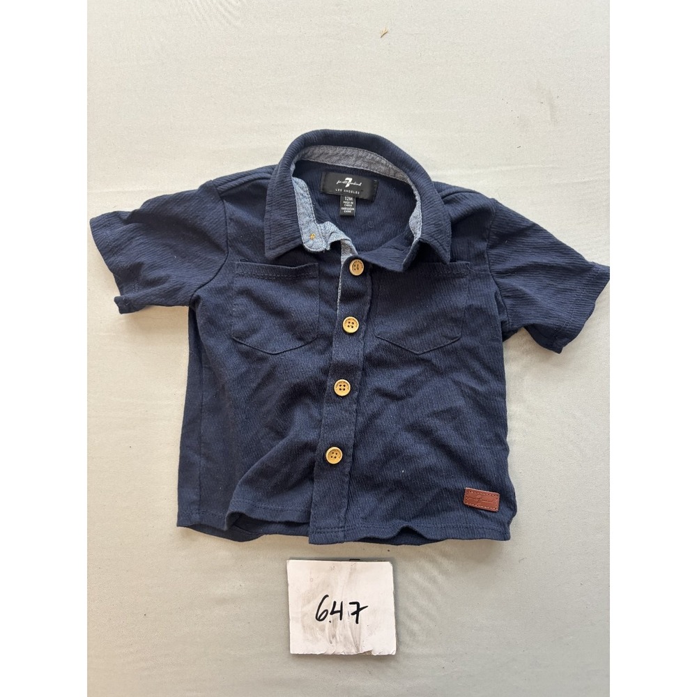 7 For All Mankind Baby Boy Navy Blue Short Sleeve Button Up Collared Shirt 12M